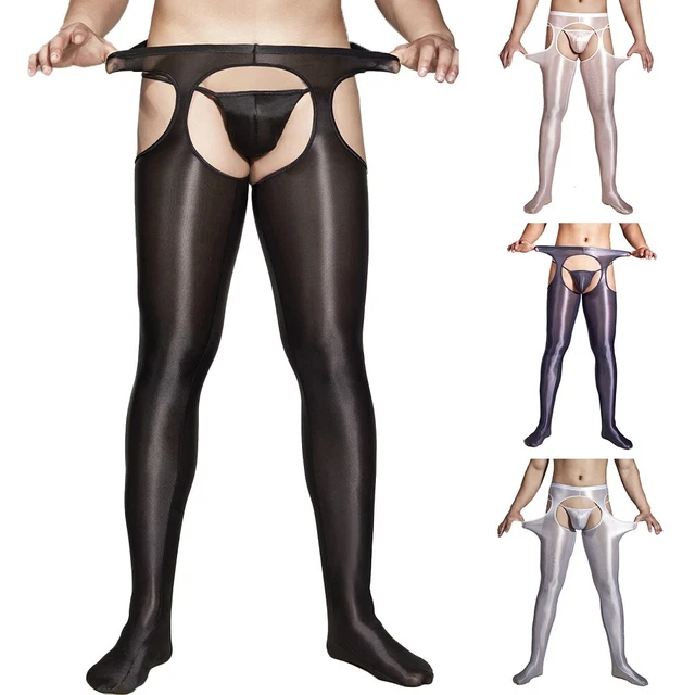 Men's Sexy See Through Shiny Leggings Long Pants Trousers with Open Sheath