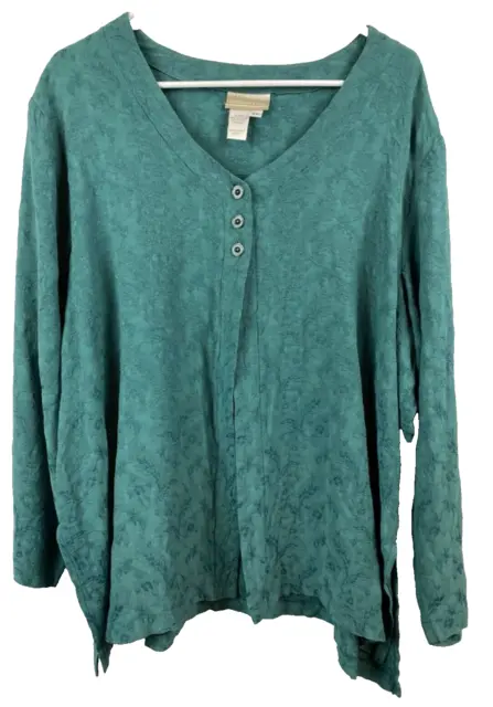 COLDWATER CREEK TURQUOISE Floral Embosse Long Sleeve 3 Button Cardigan ...