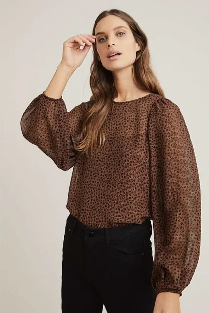 Witchery Brown Animal Print Blouse Top Size 8 Balloon Sleeve Sheer Zip Womens