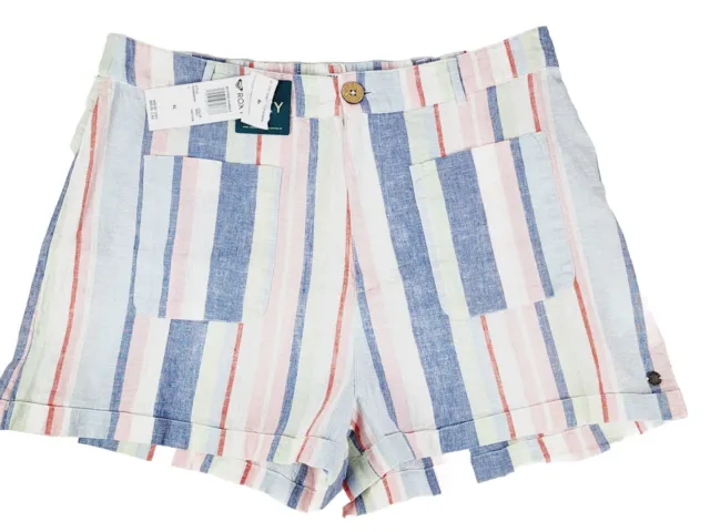 Roxy Striped Shorts Women's Size XL Linen Blend Striped New Tags Button Front