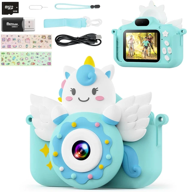 Cámara digital de juguete para niños de 3 a 12 años con tarjeta de 32 GB y lente doble (azul)