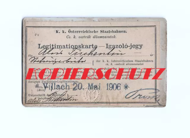 KuK Österreichische Staatsbahnen Legitimationskarte 1906 CDV Foto CAB Fahrschein