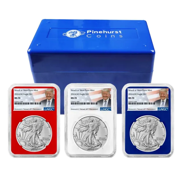 2024 (W) $1 American Silver Eagle 3pc Set NGC MS70 Trump Label Red White Blue