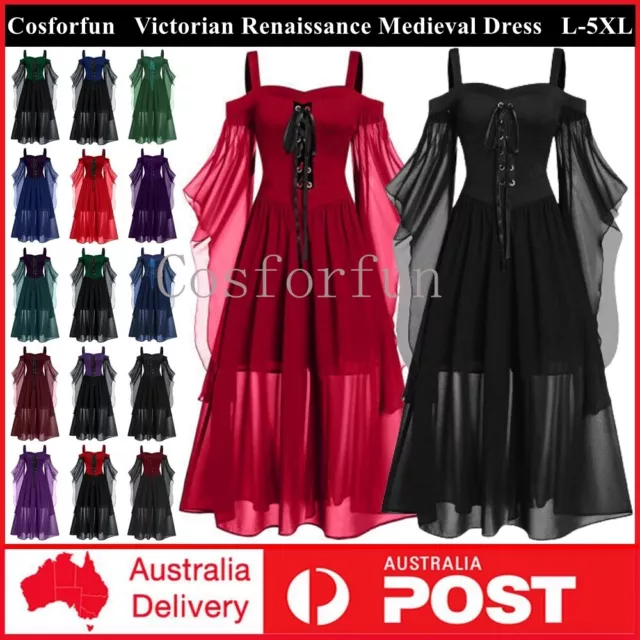 Womens Victorian Renaissance Medieval Gothic Midi Witch Dress Costume Halloween