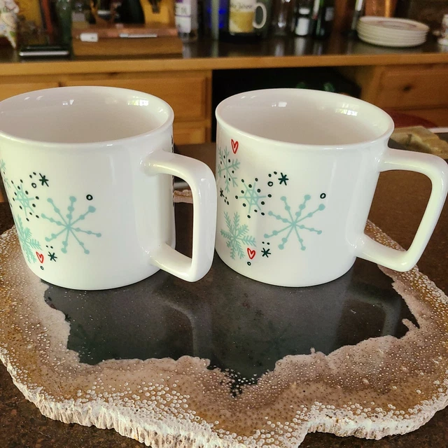 Two Starbucks Turquoise Snowflakes and Red Hearts Winter/Christmas 14 Oz. Mugs