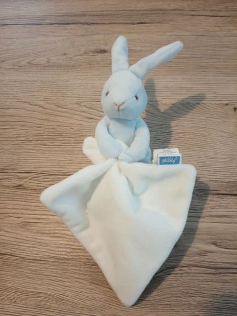 Petit  Doudou Peluche Lapin Bleu Jacadi Mouchoir Blanc 18Cm 2 Dispo