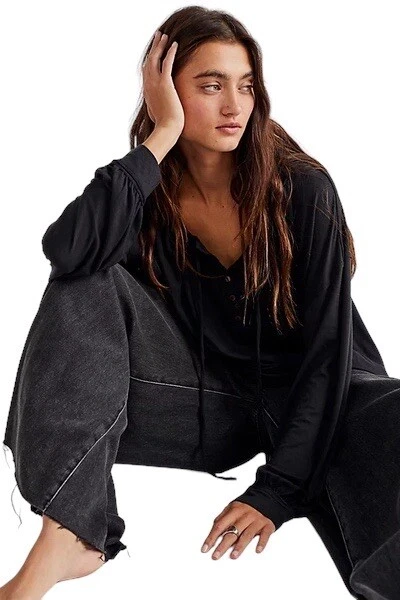 Free People NWOT Luna Tee Shirt Long Sleeve Button Tie Neck Size S 10 12 £78