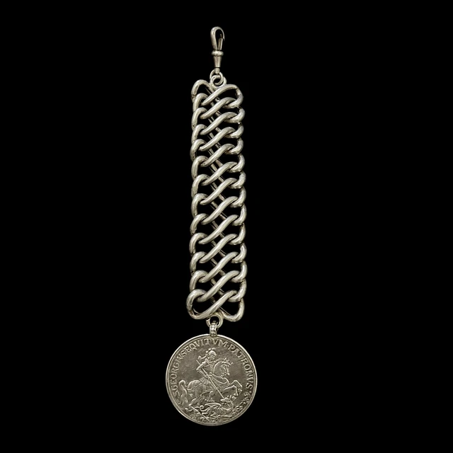 Chaîne De Montre En Argent Art Nouveau - Médaille Guerrier Gaulois - 11cm, 40g - Occasion Ancienne
