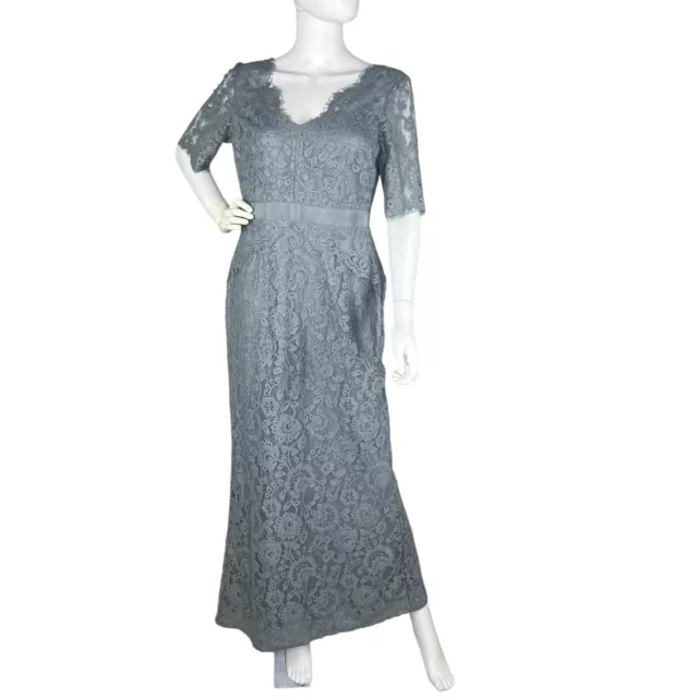 Adrianna Papell Sz 8 Column Scalloped Floral Lace Evening Gown Maxi Dress Blue
