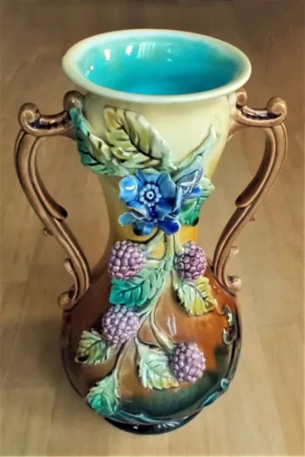 Beautiful Rare Barbotine Antique Vase 10in Floral / Blackberry Design