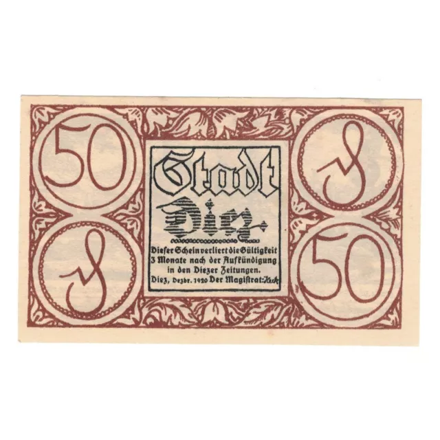 [#327090] Geldschein, Deutschland, Diez Stadt, 50 Pfennig, village, 1920, VZ, Me