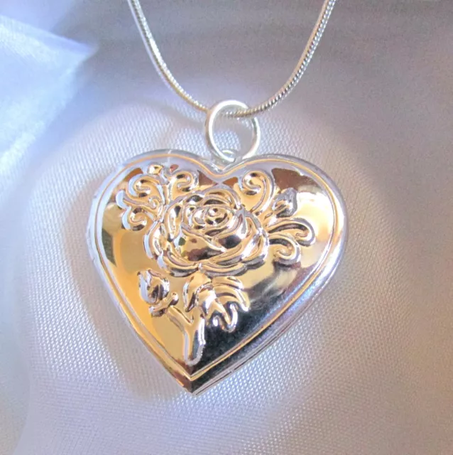 Sterling Silver Rose Heart Locket Pendant Necklace Photo Snake Chain GiftBox