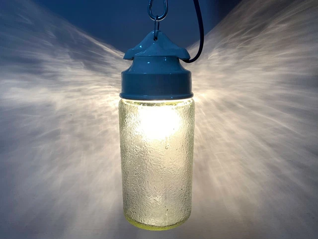 Soviet Industrial Hanging Pendant Jar Lamp USSR Rippled Glass & Ceramic Fixture