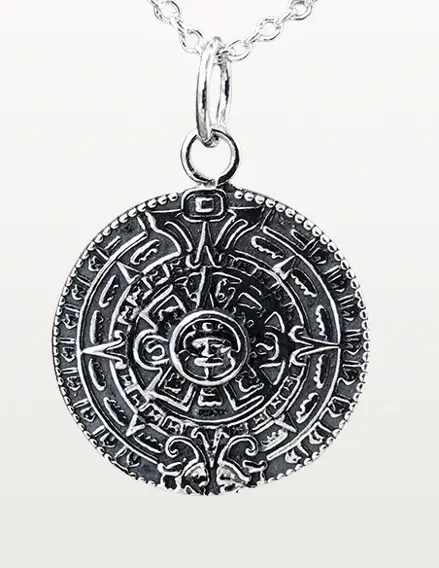 Collier Pendentif Calendrier Solaire Aztèque - Maya en Argent Sterling 925