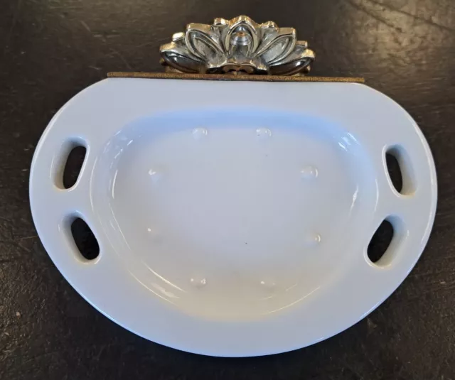 Vintage Brass And White Porcelain Wall Mounted Bar Soap Holder Soap Dish #1