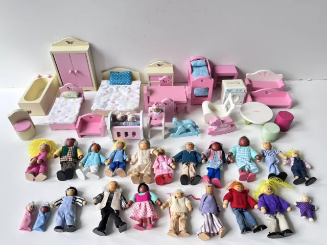 ASDA WOODEN DOLLS House Furniture With 24 Wooden Figures Bed Table Chairs Bath 35.00 PicClick UK
