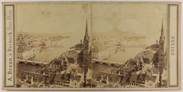 Schweiz Zürich Panorama See c1865 Foto Braun Stereo Vintage Albumin P70L4n