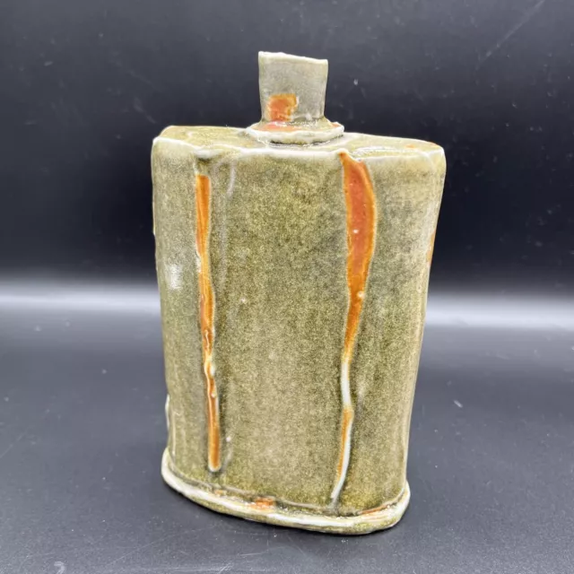 Rustic Primitive Studio Art Pottery Vase Orange Green Drip Glaze Abstract Signed 3