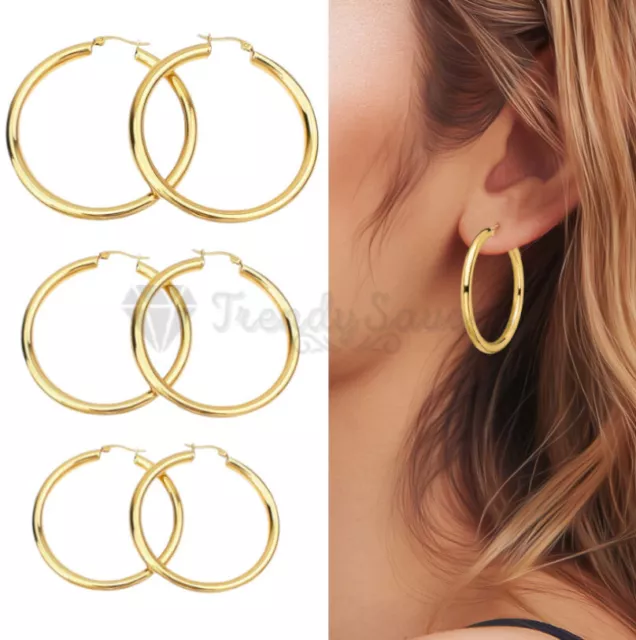Minimalist Gold Filled Thick Sleeper Hoop Stud Earrings Piercing 30-50MM Wide