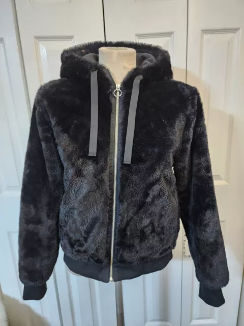 WOMEN'S ATHLETA BLACK Faux Fur Hooded Full Zip Ritual Jacket Size Small ...