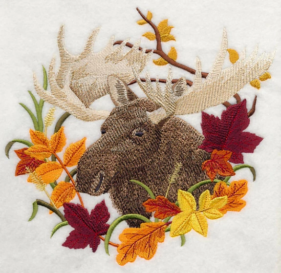 Embroidered Ladies T-Shirt - Moose in Autumn Leaves H7589 Size S - XXL