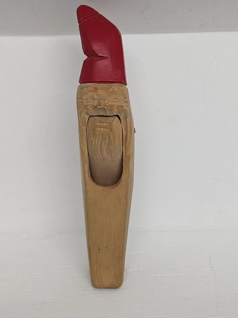 Norwegian Wooden Gnome Red Hat Nut Cracker Hand Held Carved Painted Vintage