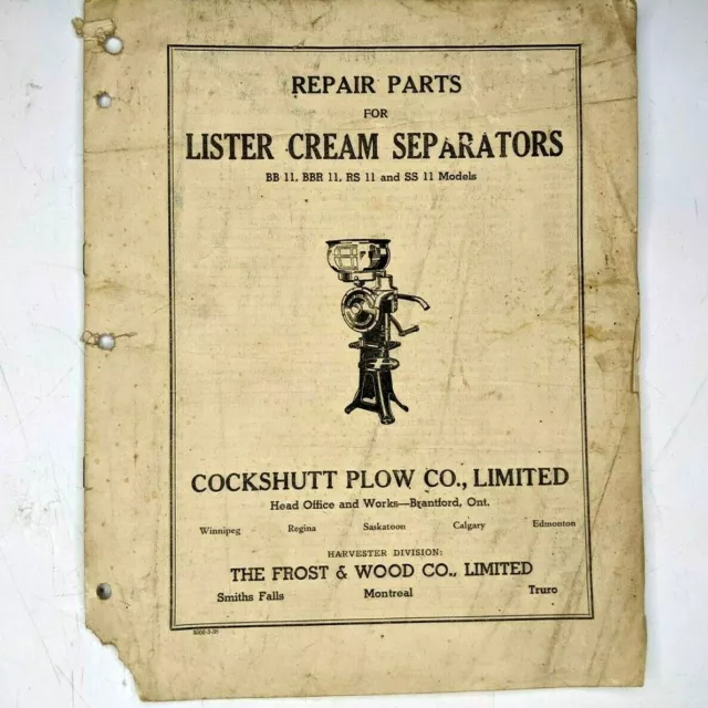 Cockshutt Lister Cream Separators Repair Parts Catalog BB BBRB RS SS 11 Frost 2G