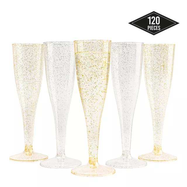 120 Elegant Champagne Glasses Flutes with Gold & Silver Glitters for Parties