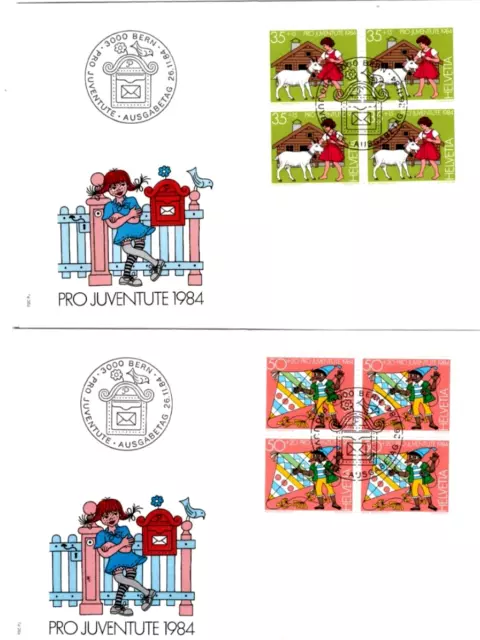 SCHWEIZ MiNr 1284/87 je im 4er-Block Pro Juventute 1984 als FDC