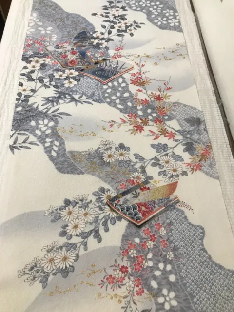 @@Vintage Japanese kimono silk fabric / smooth crepe, camellia, sakura D62