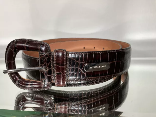 Vtg Ralph Lauren Brown Leather Croc Reptile Embossed Wide Belt Womens L Made USA
