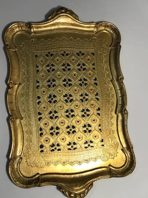 ITALIAN FLORENTINE GILT WOOD TRAY Gold Unique Hand Painted ￼MID CENTURY