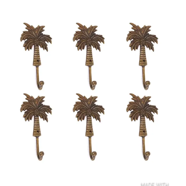 6  large Palm tree COAT HOOKS solid age brass tropicle vintage old style 19 cm B 2