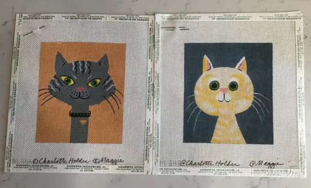 Charlotte Holder Needlepoint Cat Canvas 2 Gray Yellow Hand Painted