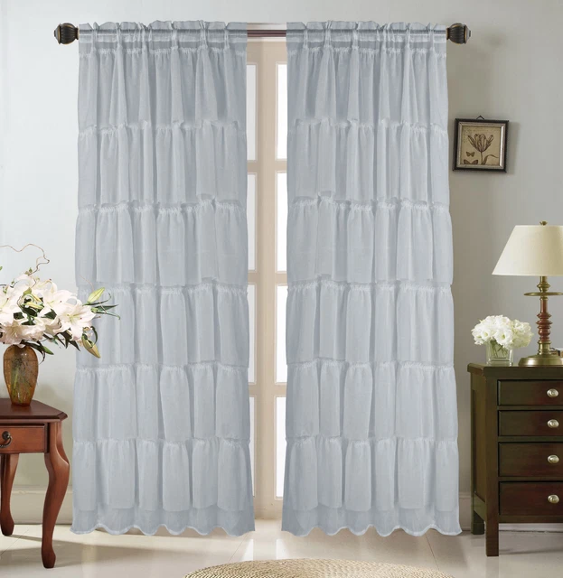 2Pc Solid Rod Pocket Top Voile Sheer Window Curtain Panel With Ruffles Modern