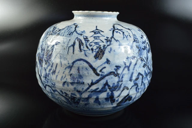 M2522: Japanese Kutani-ware Blue&White Landscape Ship FLOWER VASE Ikebana, auto