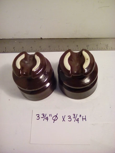 Lot Of 2 Vintage Antique Brown Porcelain Insulators 3.75 H X 3.75 " Dia. Used