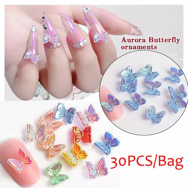 30Pcs 3D Butterfly Resin Glitter Nails Art Tips Charm Decor DIY Manicure Jewelry