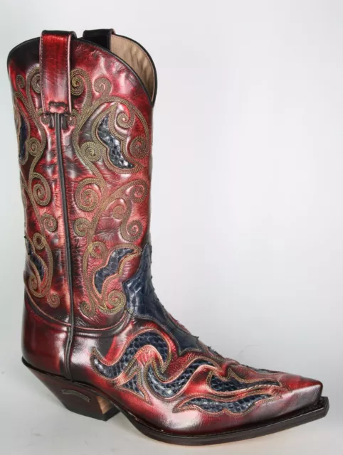 7428 Sendra Botas de Cowboy Denver Rojo Pitón Azul Cosido Botas Vaqueras