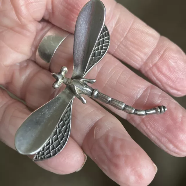 VINTAGE STERLING SILVER MEXICO SIGNED DRAGONFLY INSECT 3D PIN BROOCH 13g 2.25”