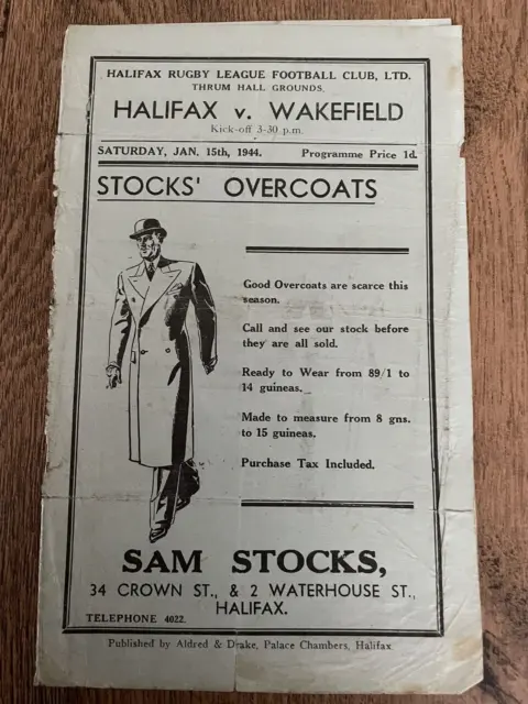 Wartime Rugby League Programme Halifax v Wakefield Trinity 15th January 1944 War