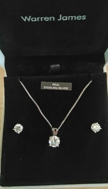 WARREN JAMES SILVER Necklace Earring Set With Solitaire Stones
