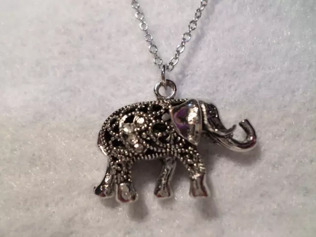 Lucky Trunk Up  Elephant Silver Tone Clear Rhinestone Pendant Fashion Necklace