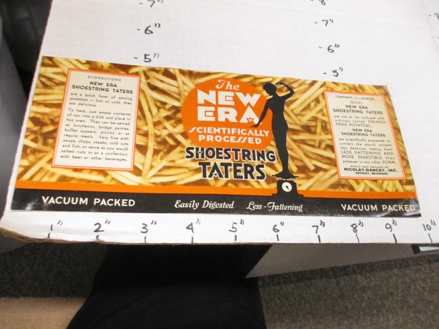 NEW ERA shoestring taters potatoes 1930s metal tin can food paper label