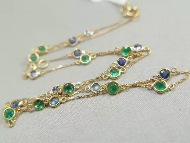 Sapphire & Emerald Gemstone 14K Yellow Gold Over Station By The Yard 18"Necklace