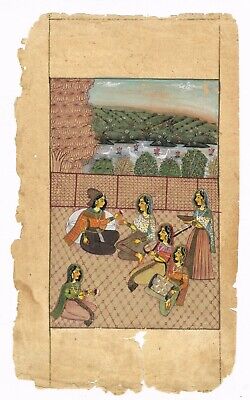Indian Miniature Painting Of Empress Enjoying Music By Lady Musician On Terrace