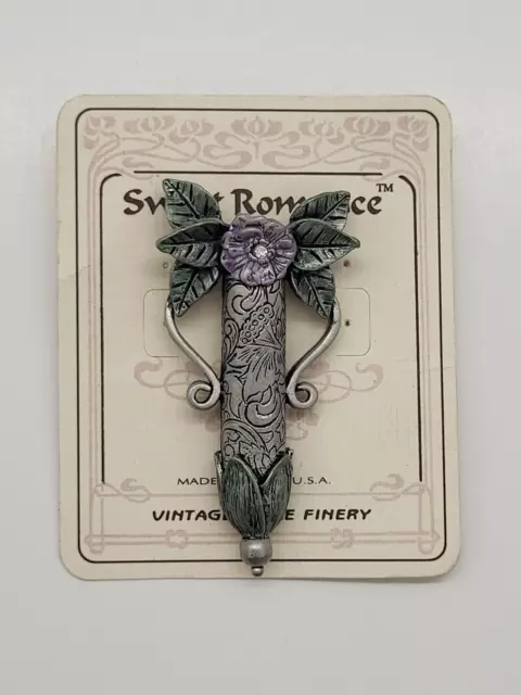 Sweet Romance Whimsical Design Floral Pewter Brooch With Small Glass Tube