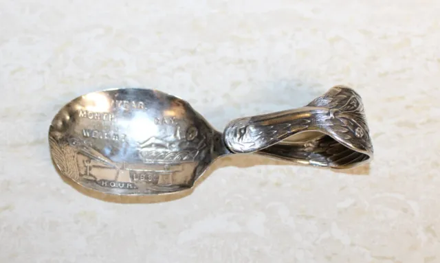 (NJ) Vintage Sterling Silver Birth Record Curved Stork Handle Baby Spoon