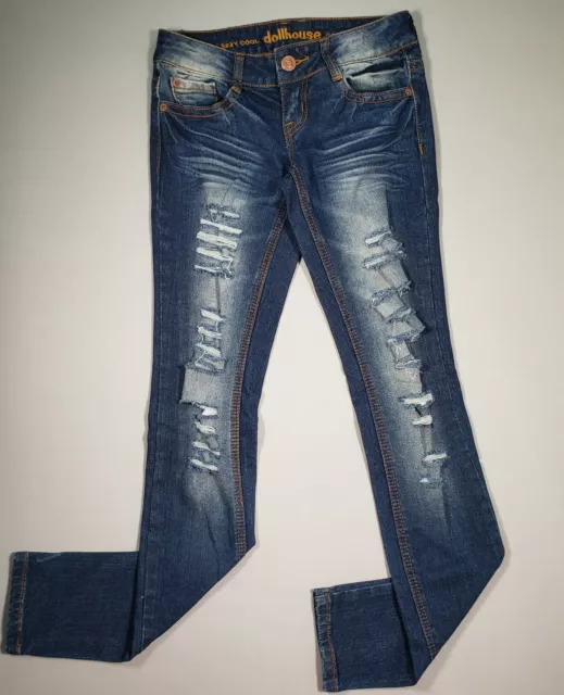 Dollhouse Jeans Sz 0 Womens Skinny Stretch Distressed Destroyed Blue Denim 27x31