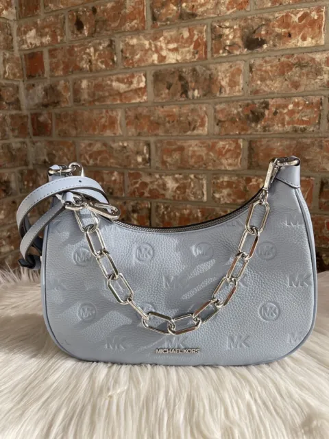 Michael Kors Cora Large Chain Shoulder Bag Leather Logo MK Crossbody  Pale Blue